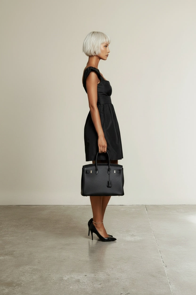 Side profile of the model wearing Robe noire Tara Jarmon