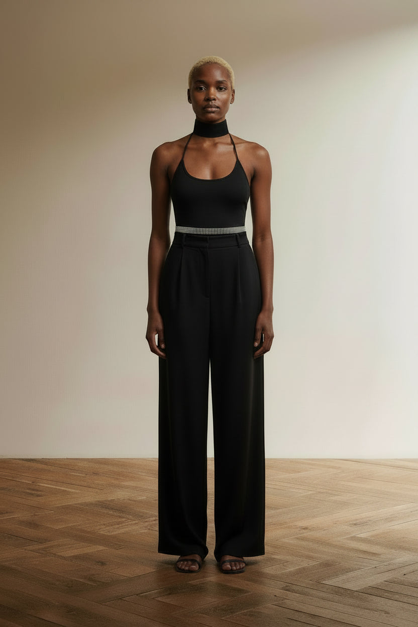 Full body view of the model wearing top dos nu sandro Glamour & strass T 1